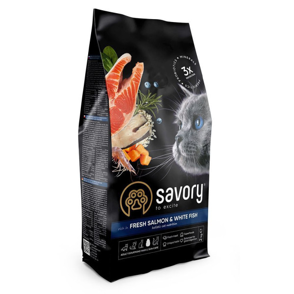 Savory Hair and Skin Care сухий корм для котів 2 кг - лосось та біла риба Savory – купити зі знижкою %
