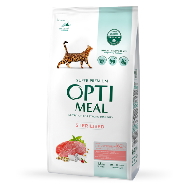Сухий корм для стерилізованих котів Optimeal Adult Cat Sterilised Beef Sorghum 1,5 кг - яловичина та сорго Optimeal – купити зі знижкою %