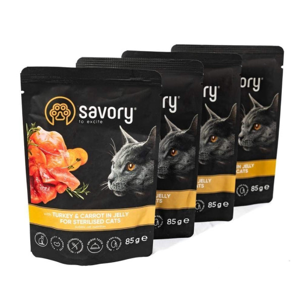 Savory Sterilised упаковка вологого корму для котів 3+1 шт х 85 г - індичка та морква Savory – купити зі знижкою %