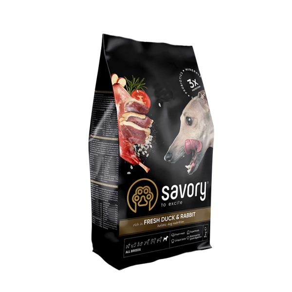Savory All Breed сухий корм для собак 3 кг - кролик та качка Savory – купити зі знижкою %