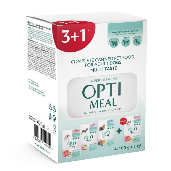 Вологий корм для собак Optimeal Complete Canned Pet Food Adult 3+1 pouch 400 г - асорті Optimeal – купити зі знижкою %